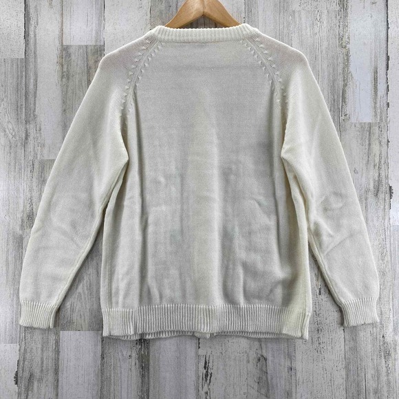 Vintage 70s Miss Holly Preppy Cottagecore Sweater Large White Cable Knit Flowers - Picture 4 of 8